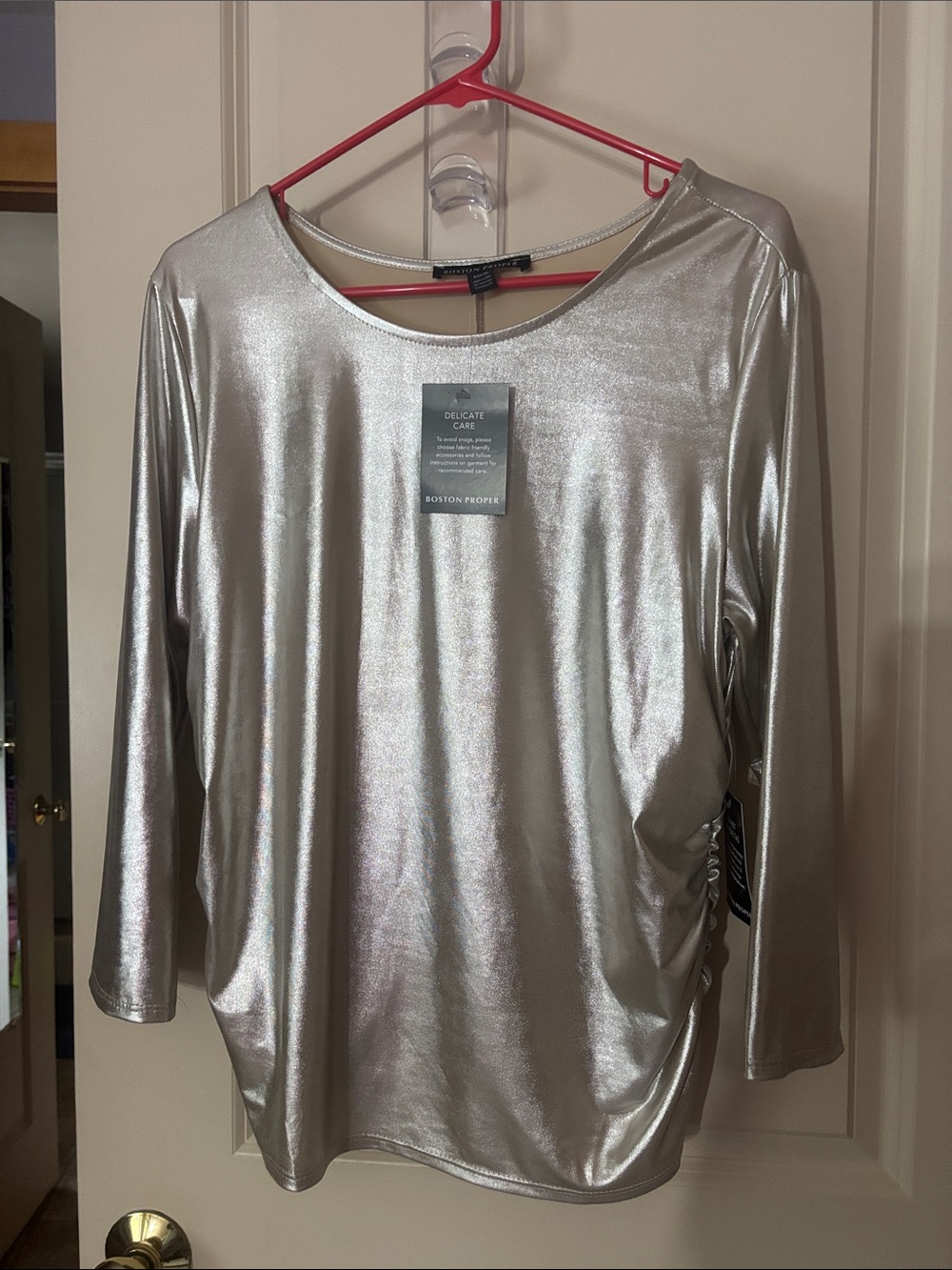 Boston Proper Shimmery Silver Long-Sleeve Top
